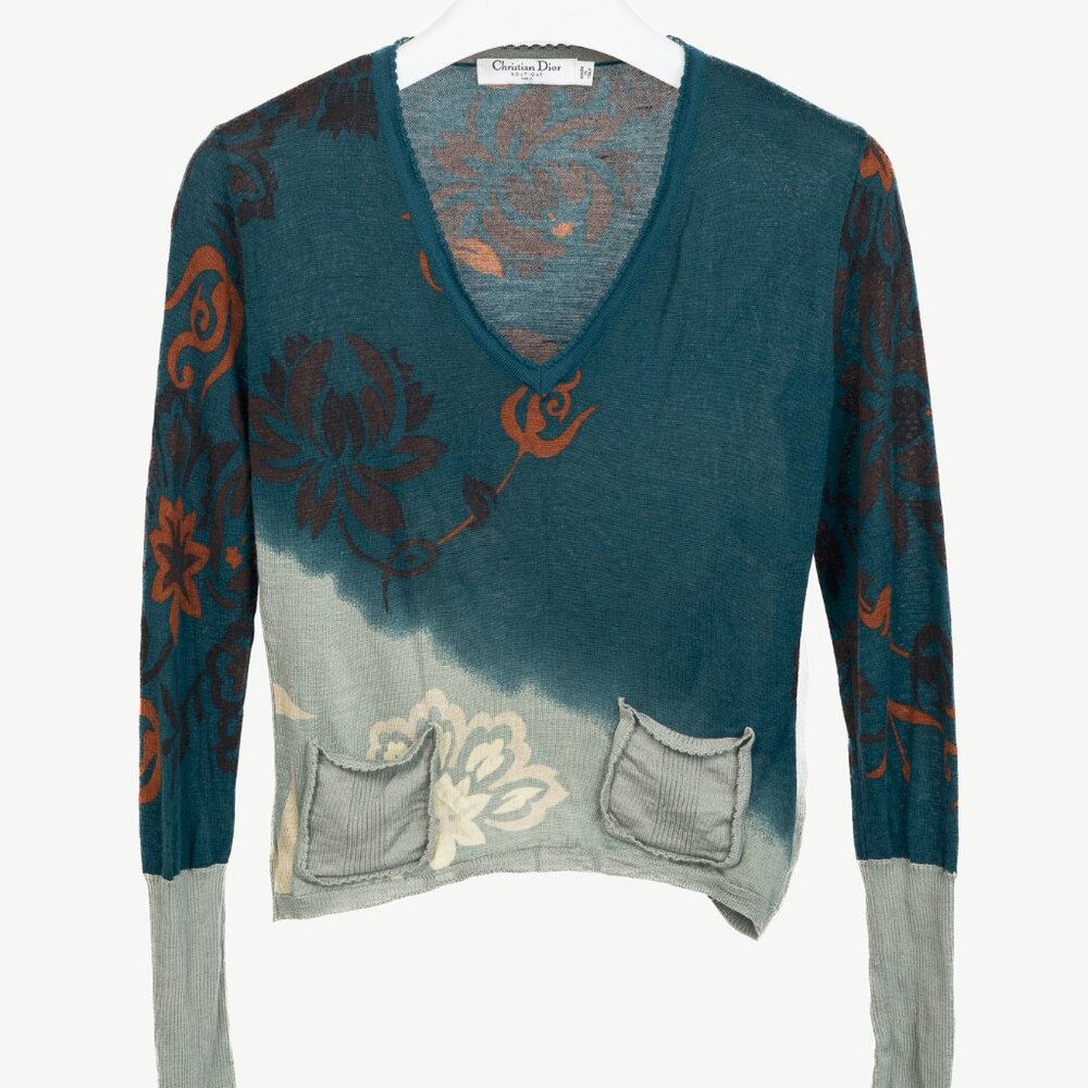 Christian Dior Teal Wool, Silk, & Cashmere-Blend Floral Cropped Sweater